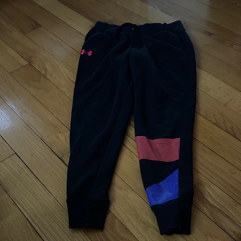 Under Armour Kids Black Joggers with Pink Logo and Blue Accent Panel